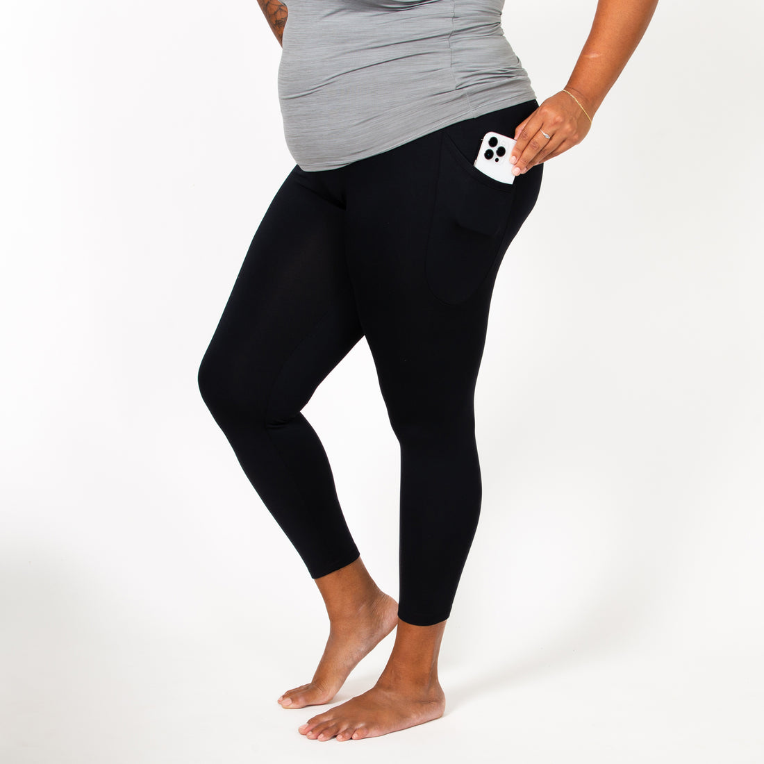 Women's Black Tummy Control Sports Leggings with Cellphone Pocket 